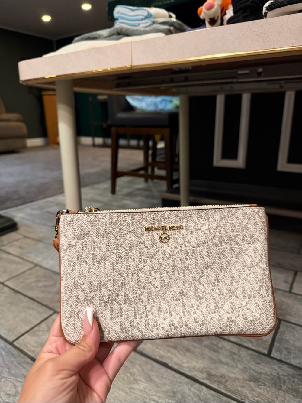 Michael Kors Beige Monogram Zip Wristlet with Gold Hardware
